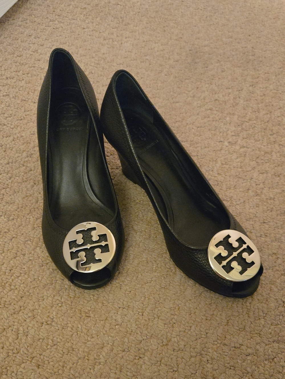 Tory Burch Black Leather Peep-Toe Heels with Silver Logo Medallion